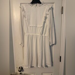 NWOT boutique Elegant white  Dress with Lace Trim L